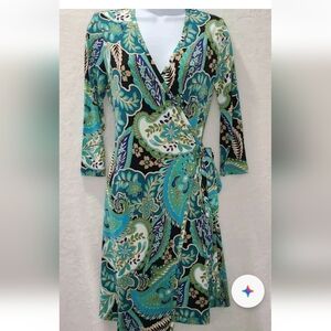 Banana Republic Teal & Black Paisley Long Sleeve Midi Dress
